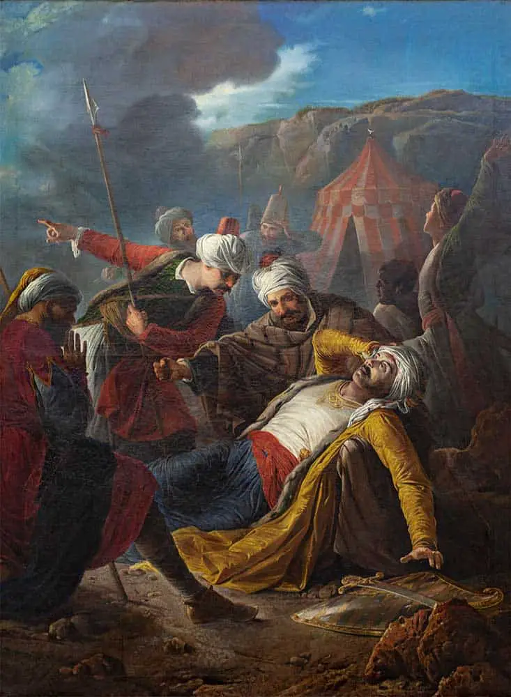 A scene from the Great Siege of Malta: The oil painting of Death of Dragut by Giuseppe Calì (1867).