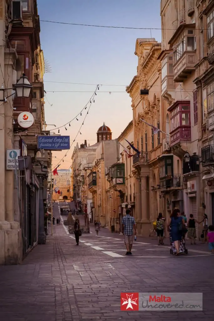Merchants Street, Valletta at sunset.